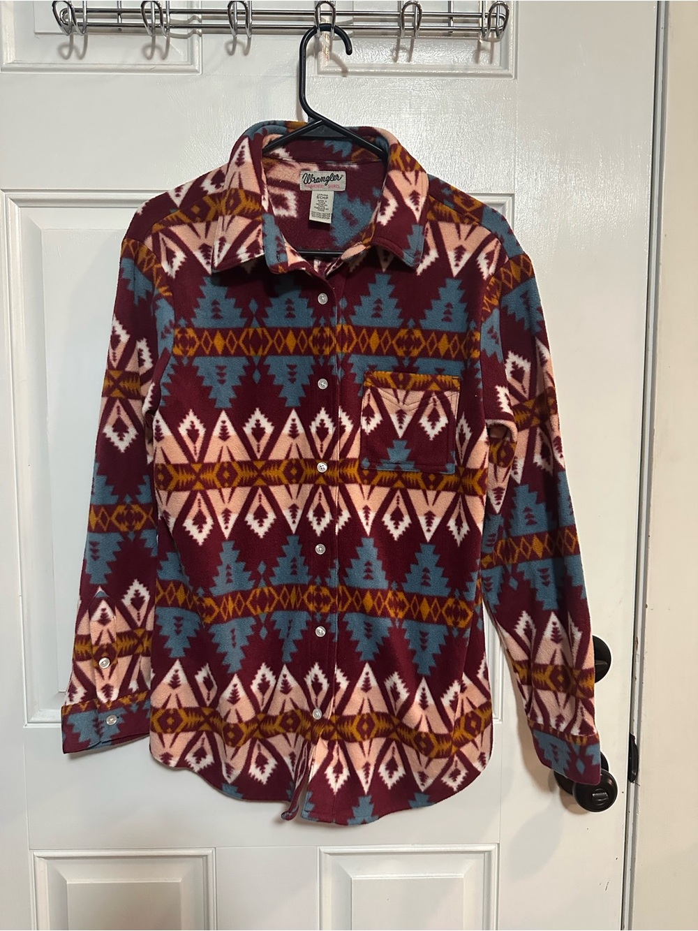 Wrangler Women’s Burgundy, Pink & Teal Aztec Western Button-Up Flannel Shirt